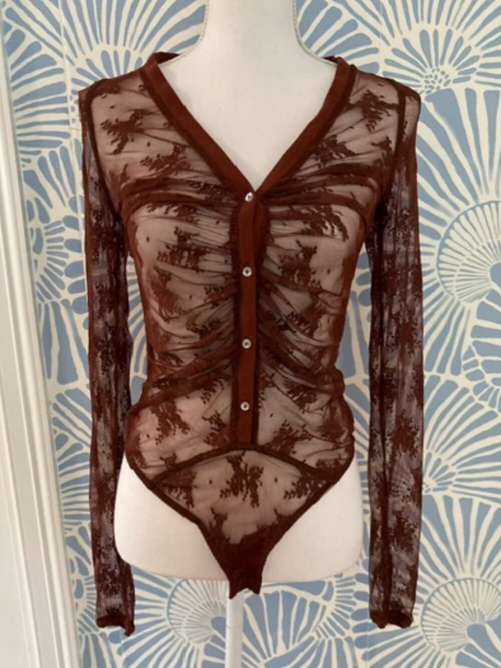Sheer Lace Ruched V-Neck Long Sleeve Bodysuit in Rust - Picture 2 of 6